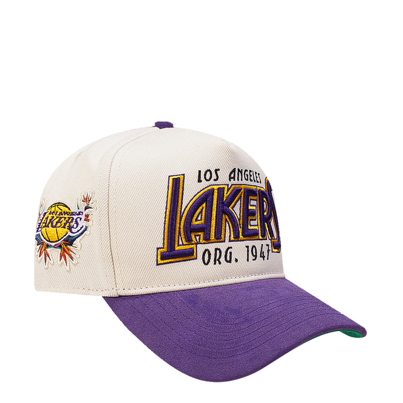 White snapback cap with purple brim and side Los Angeles Lakers logo graphic
