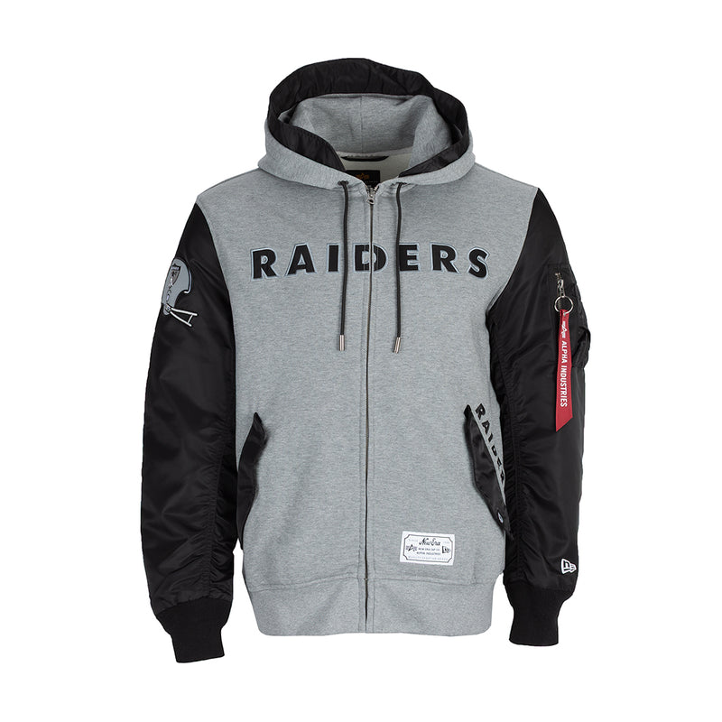 Men's Raiders zip-up hoodie jacket, heather gray body with black sleeves