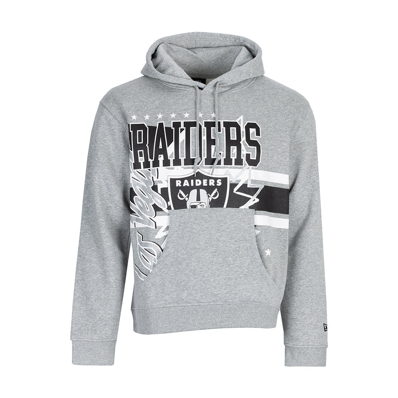Men's grey Raiders pullover hoodie with front Raiders logo graphic and hood