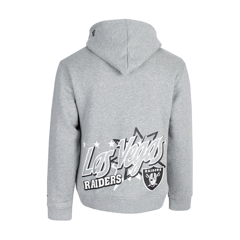 Men's grey Raiders pullover hoodie with back large Raiders logo print and hood