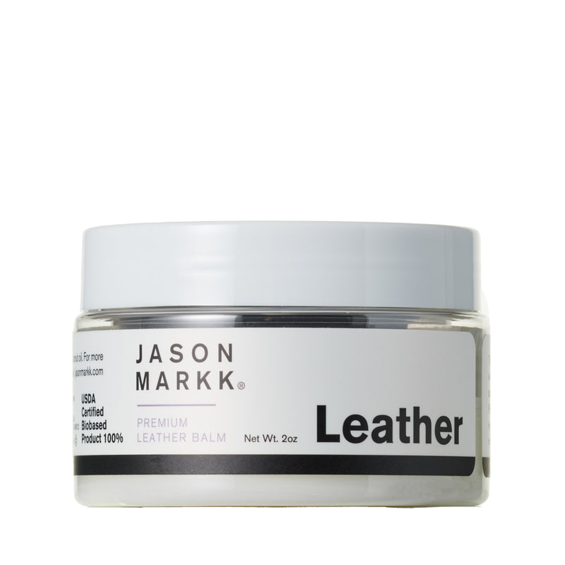 Leather conditioning balm jar, 2 oz, white container with black JASON MARKK Leather label