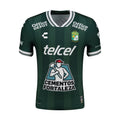 Dark green men’s soccer home jersey with white V-neck trim and front sponsor logos