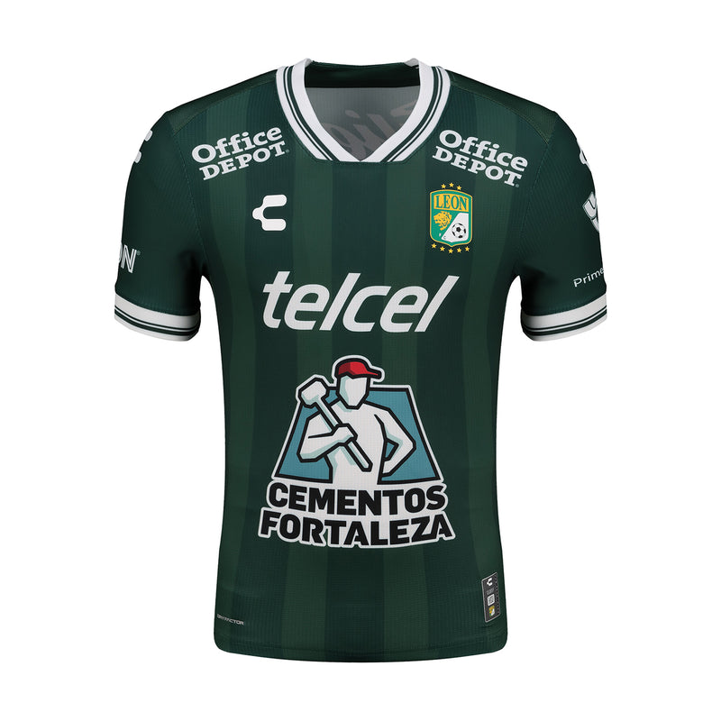 Dark green men’s soccer home jersey with white V-neck trim and front sponsor logos