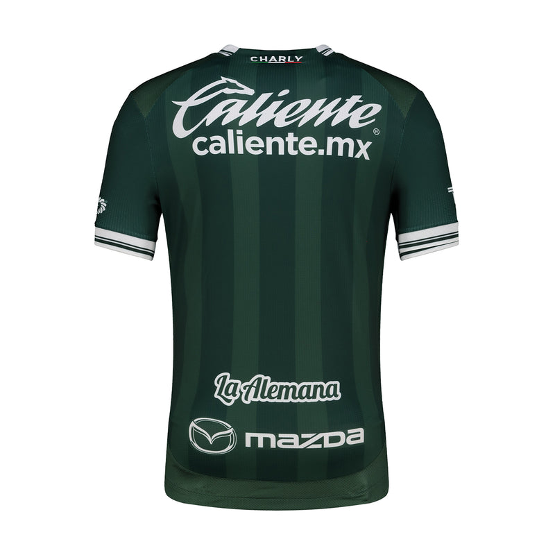 Dark green men’s soccer home jersey back view with Caliente logo and sponsor prints