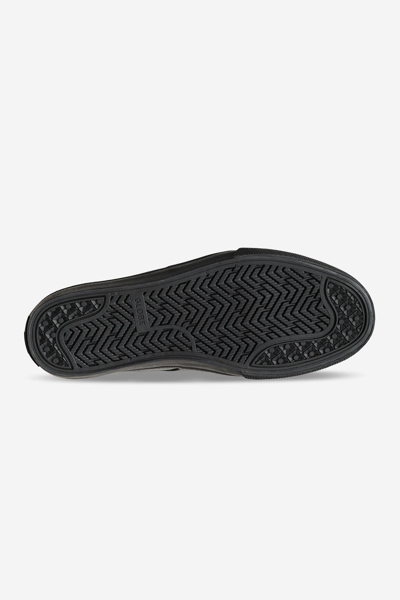 Top view of Liaizon Black Maalouf pull up leather skate shoe showing a strap across the vamp and insole graphic