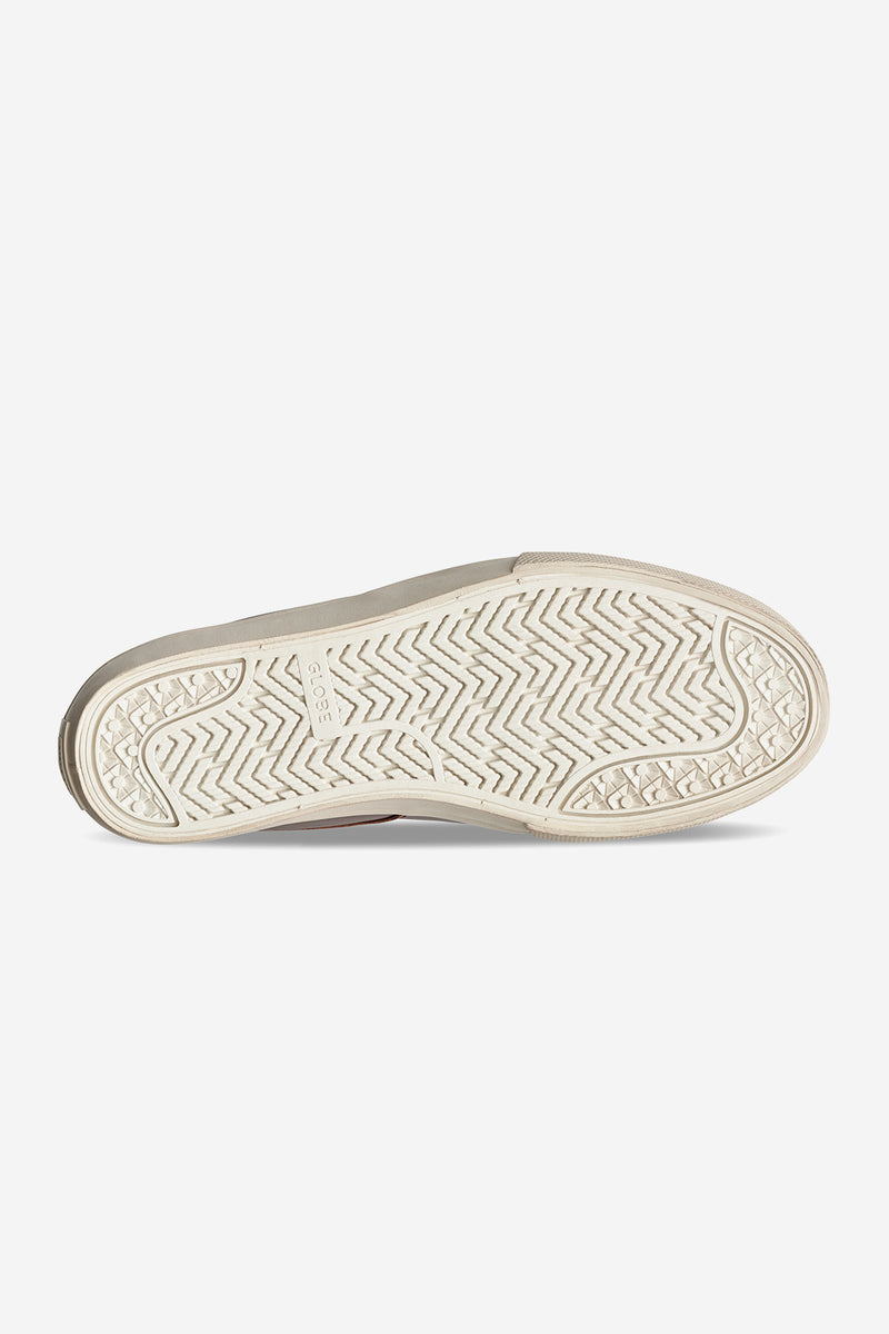 Bottom view of oxblood Liaizon shoe showing a cream outsole with herringbone tread and maroon upper.