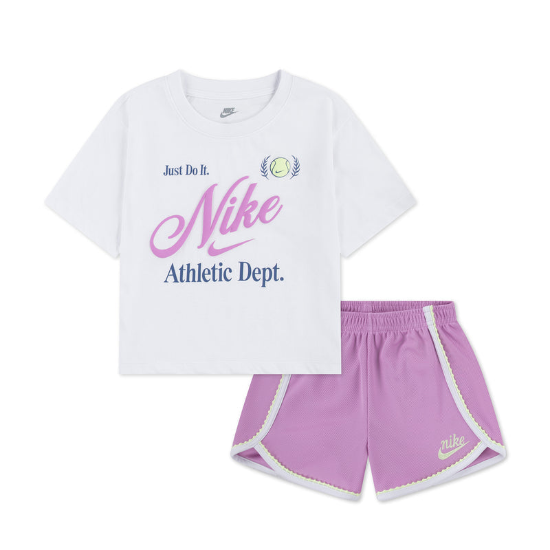 Kids white T-shirt and light magenta shorts set with Nike logos and trim