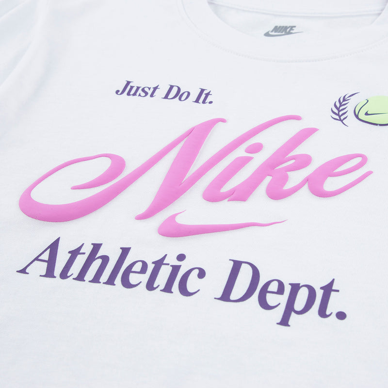 White T-shirt close-up with Just Do It and Nike Athletic Dept logo print
