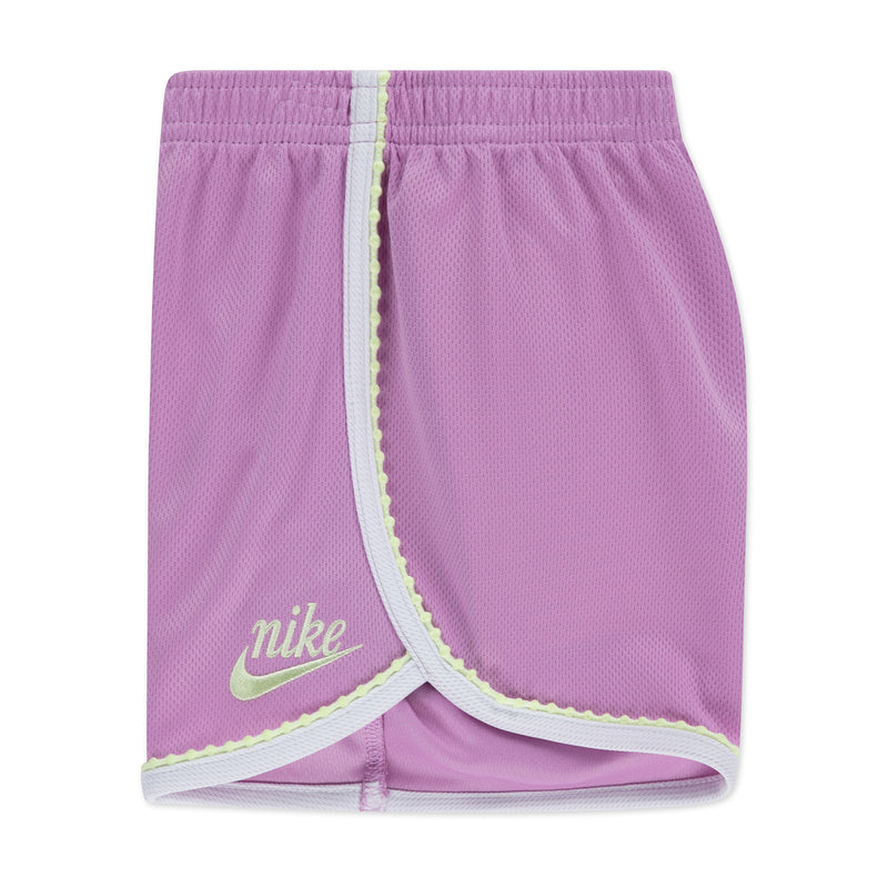 Light magenta mesh shorts with elastic waistband, contrast trim, and Nike logo