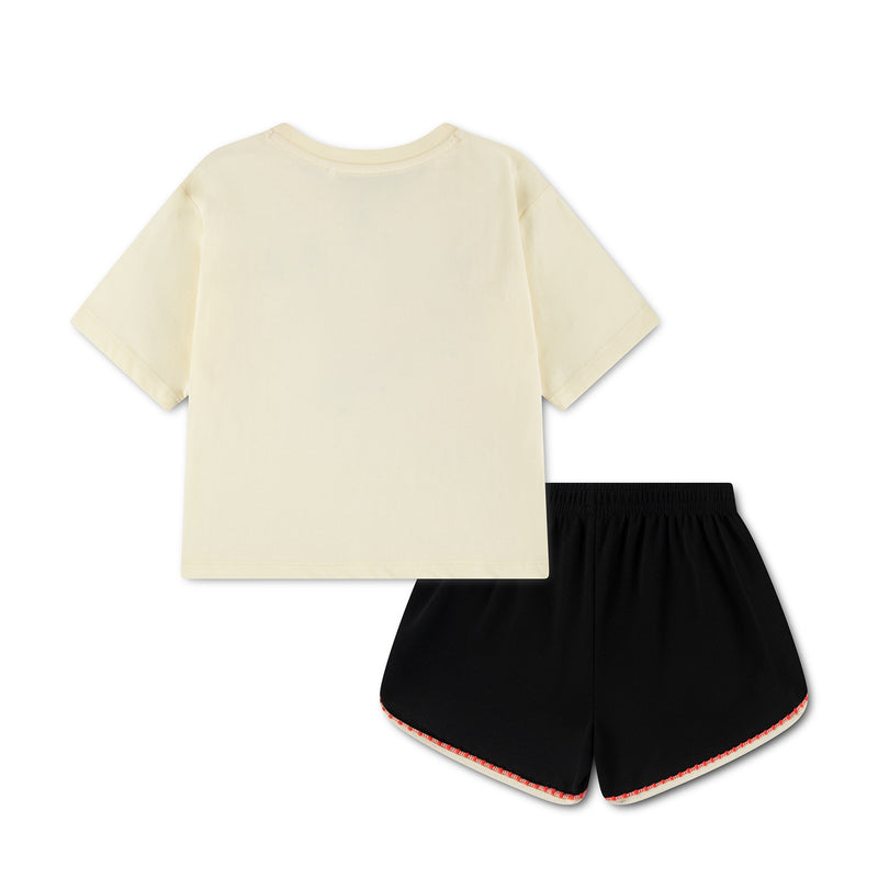 Kids cream T-shirt back and black shorts set with red-and-white trim