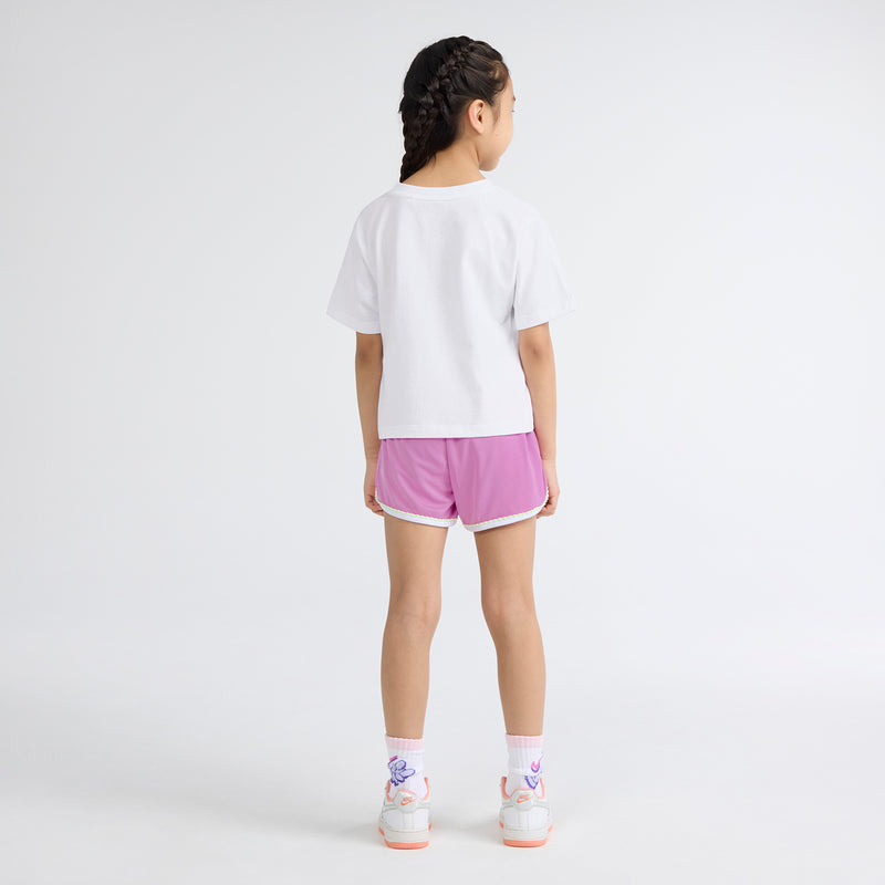 Kids white T-shirt and light magenta shorts set, back view with shorts waistband