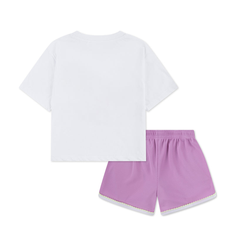 Kids white T-shirt and light magenta shorts set, flat lay back view