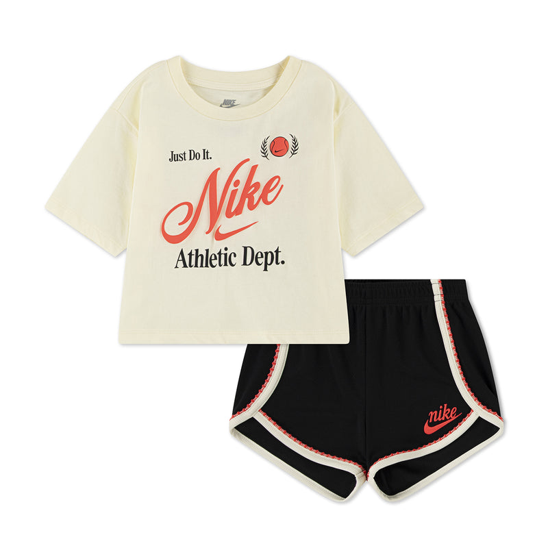 Toddler cream T-shirt and black shorts set with Nike graphic and red trim