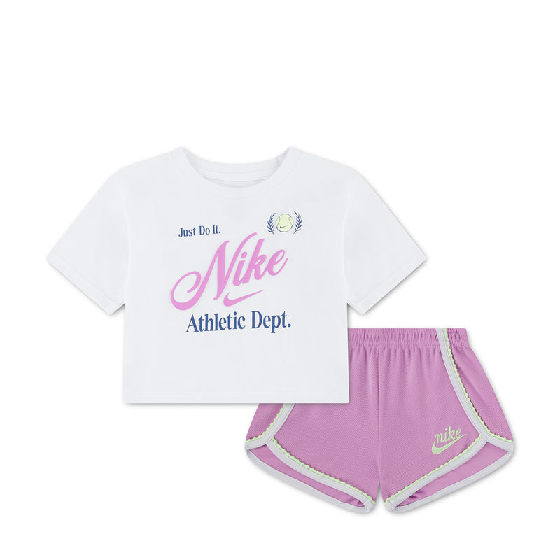 Toddler athletic short set: white Nike logo T-shirt and light magenta shorts