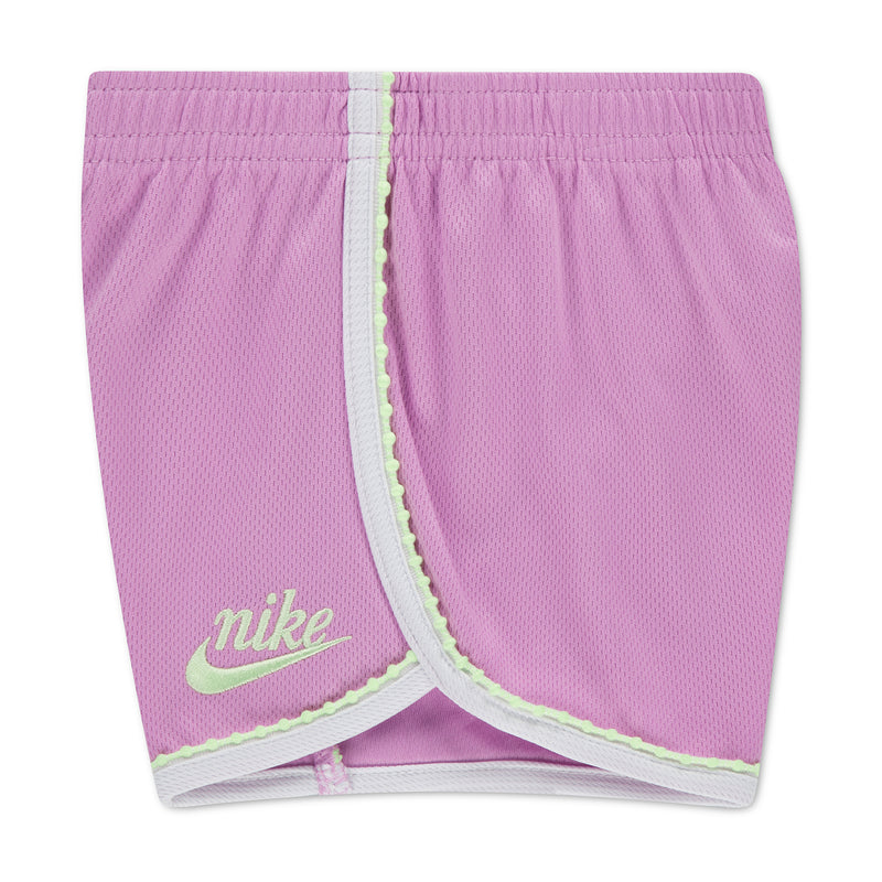 Light magenta toddler shorts with elastic waistband and white trim; Nike logo