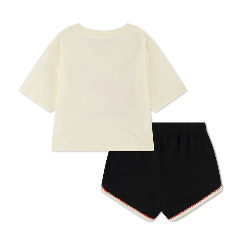 Toddler cream T-shirt and black athletic shorts set, plain back view