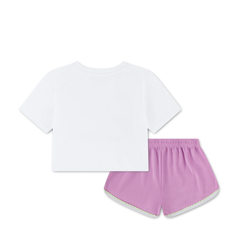 Toddler short set with white T-shirt and light magenta drawstring shorts