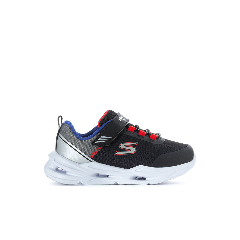 Toddler black sneaker with blue trim, red lace accents, and chunky white sole