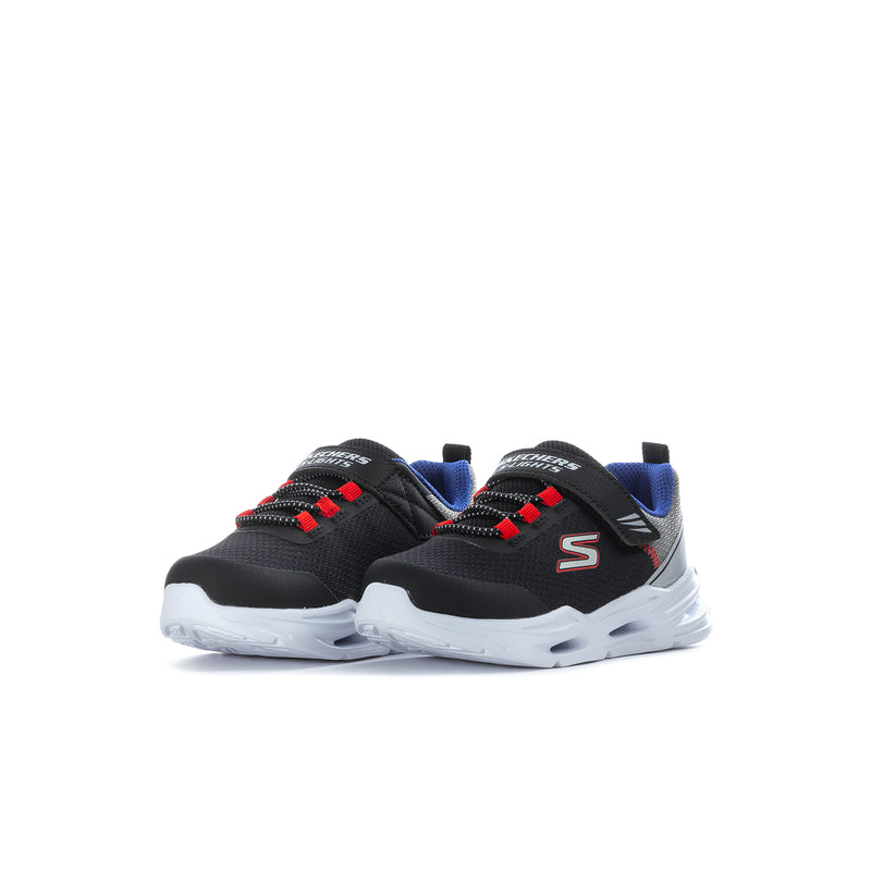 Toddler black sneakers side view with blue accents, red laces, and white cushioned sole