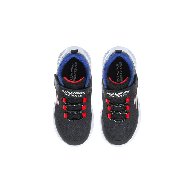 Toddler black sneakers with blue lining and red lace details, viewed from above