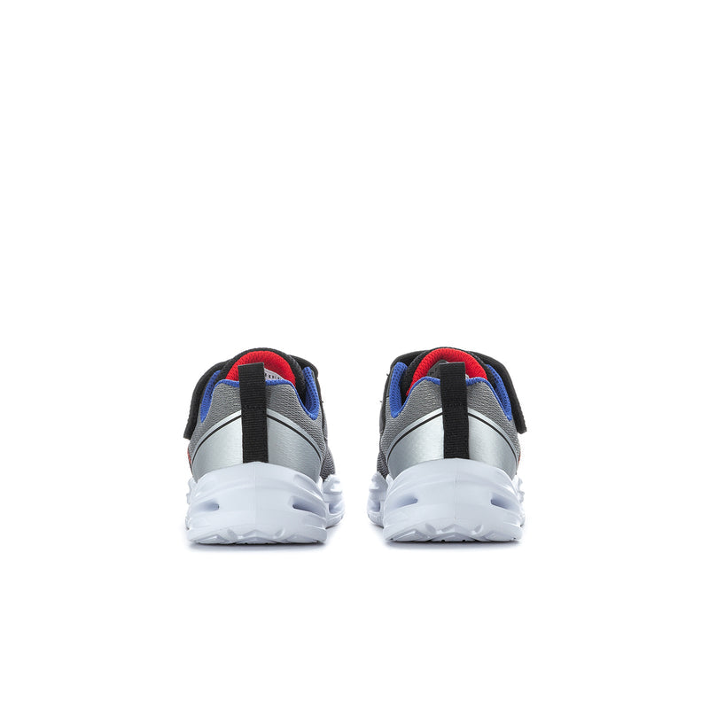 Toddler black sneakers with blue collar and silver heel panel, rear view