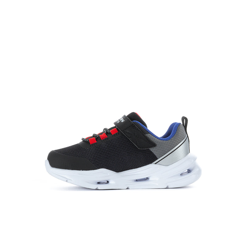 Toddler black sneaker with blue trim, silver side stripe, red lace detail, white sole