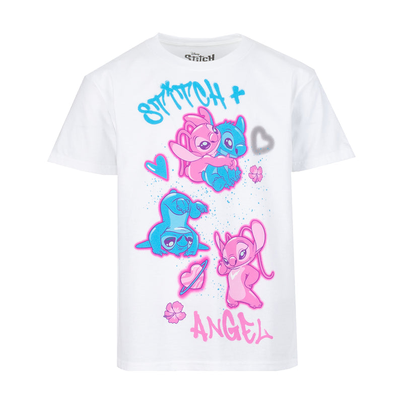 Youth white graphic T-shirt with colorful Lilo and Stitch airbrush-style print