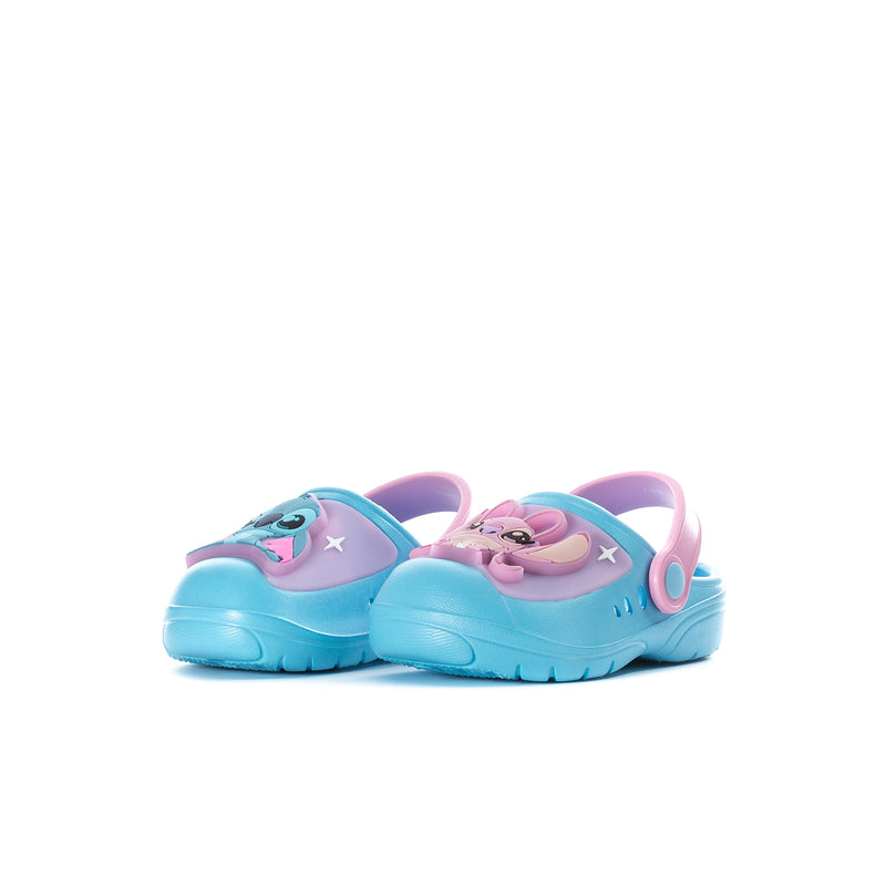 Toddler blue clogs with pink-lined straps and character faces on the top
