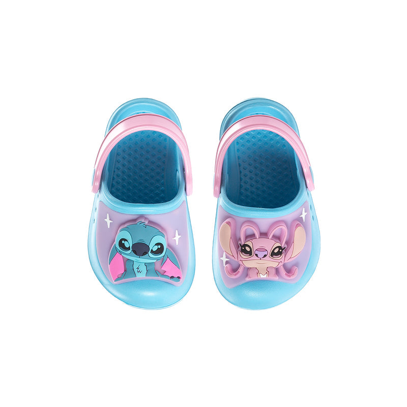 Pair of toddler blue clogs with open heel and character graphics on uppers