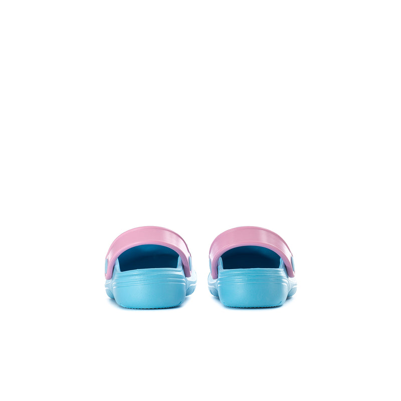 Toddler blue clogs viewed from back with pink heel straps