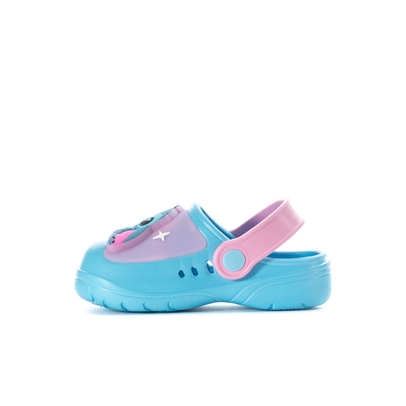 Toddler blue and pink clogs with character face on side and adjustable strap