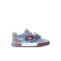 Kids front three-quarter view sneaker with Stitch graphics, light blue laces, lavender sole