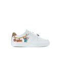 Kids white court sneaker with colorful Stitch side charm and gold heel detail