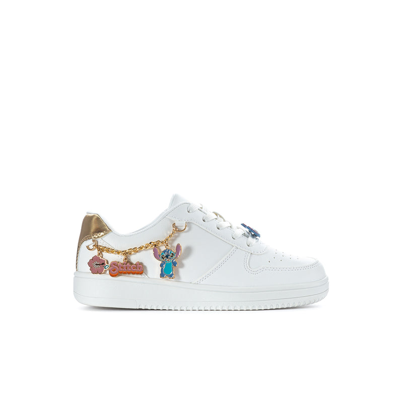 Kids white court sneaker with colorful Stitch side charm and gold heel detail