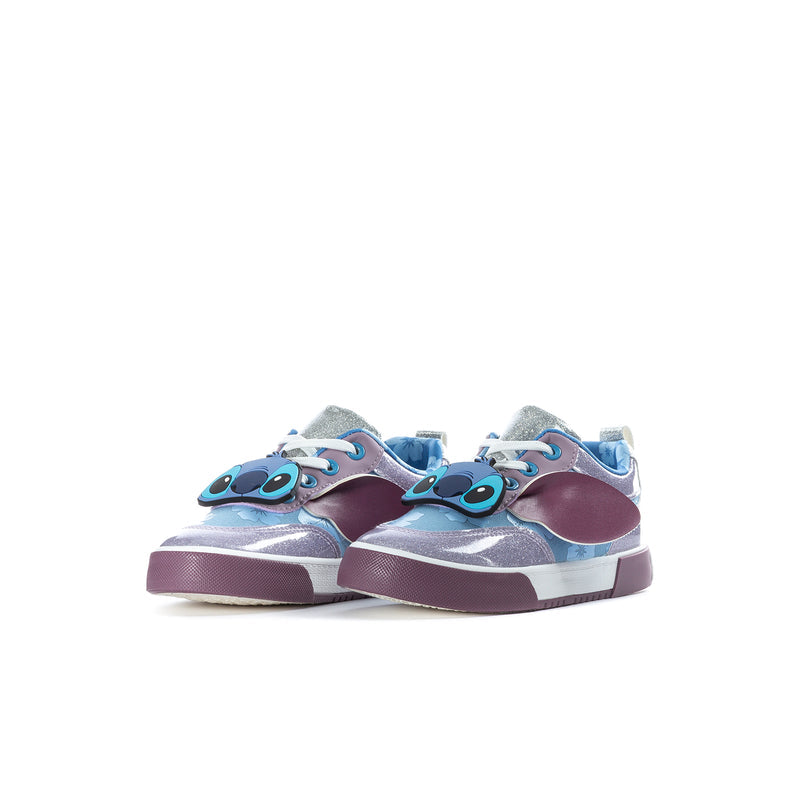 Kids court sneakers in light blue and lavender with Stitch character face on sides
