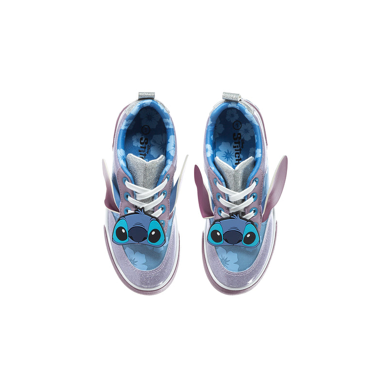 Pair of kids sneakers viewed from front: light blue uppers, purple heel, Stitch graphic