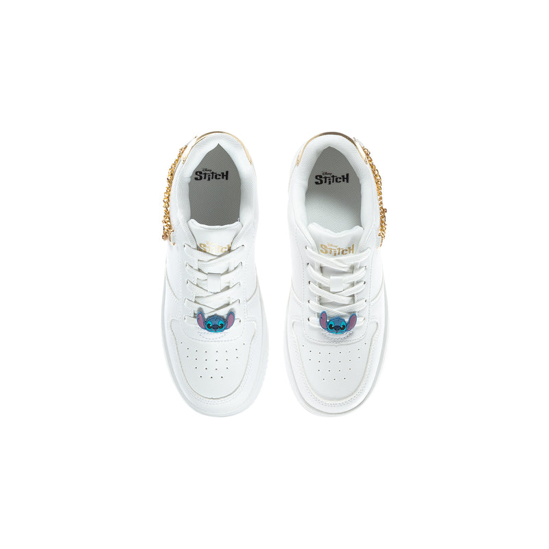 Kids white court sneakers with 'Stitch' printed tongue and gold chain heel trim