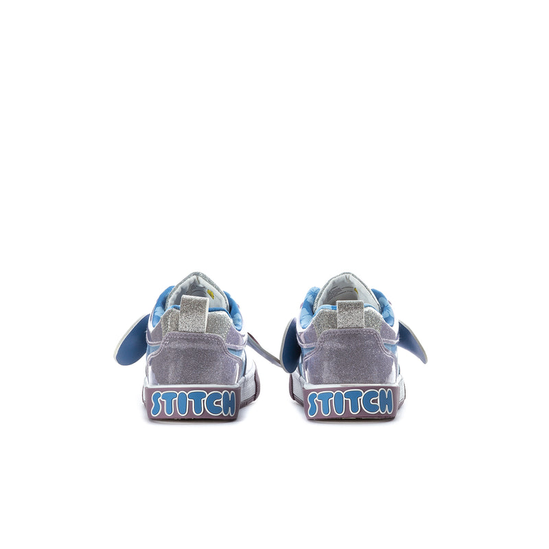 Kids sneakers from back with gray heel collar and Stitch lettering on the heel tab