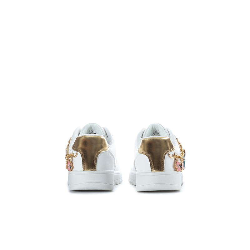 Kids white court sneakers with gold heel panels and colorful Stitch back charms