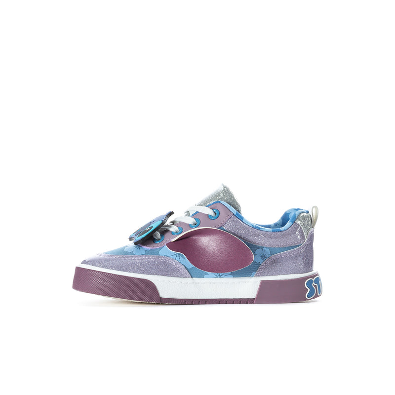 Kids side view sneaker in light blue and lavender with blue Stitch emblem near heel