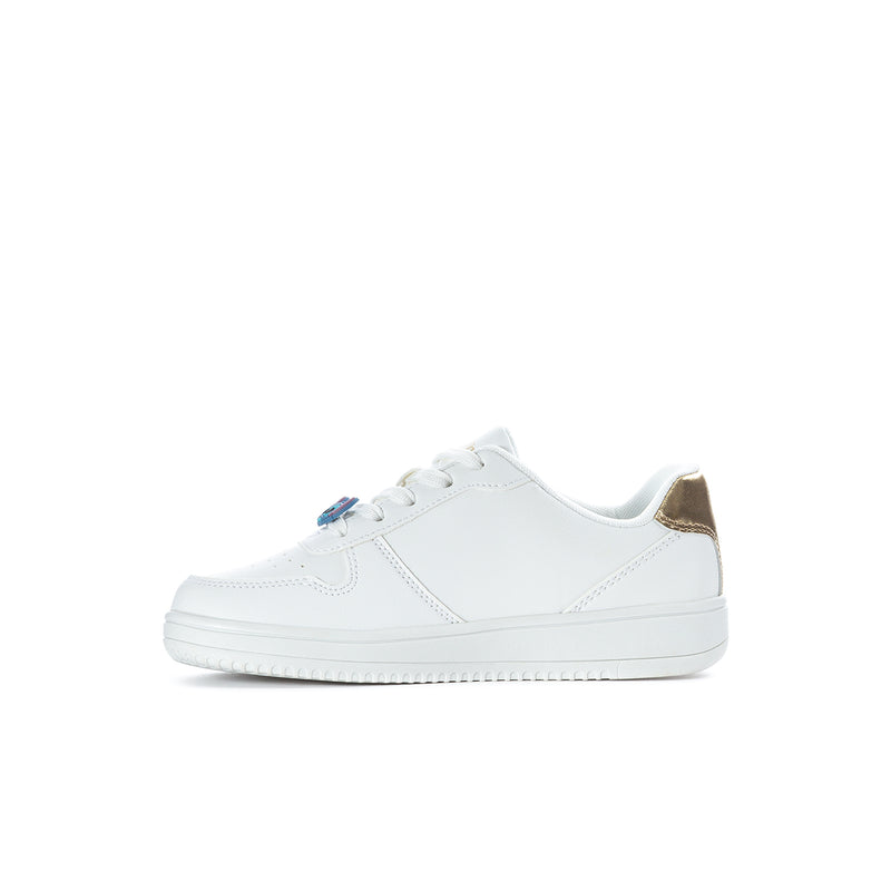 Kids white court sneaker front view with blue laces and gold heel detail