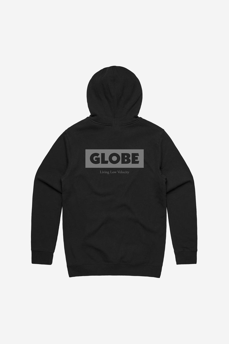 Back view of black hoodie with a gray rectangular Globe logo and Living Low Velocity text