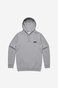 Grey marle hoodie with a small black Globe logo on the chest