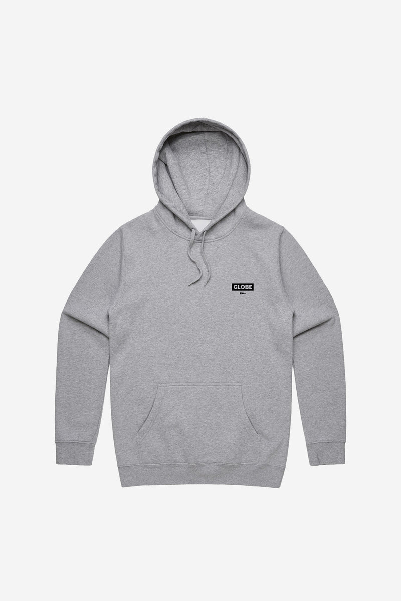 Grey marle hoodie with a small black Globe logo on the chest
