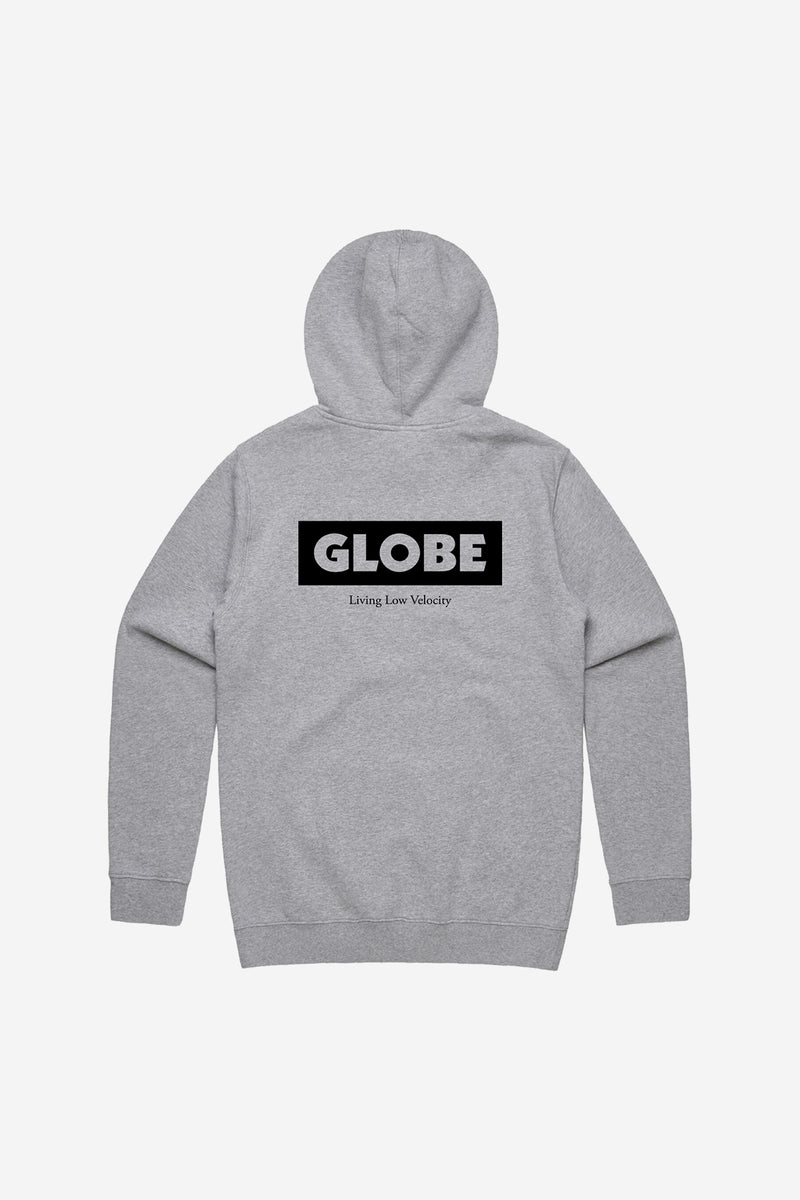 Back view of grey marle Living Low Velocity Hoodie featuring a black rectangular GLOBE logo and text.