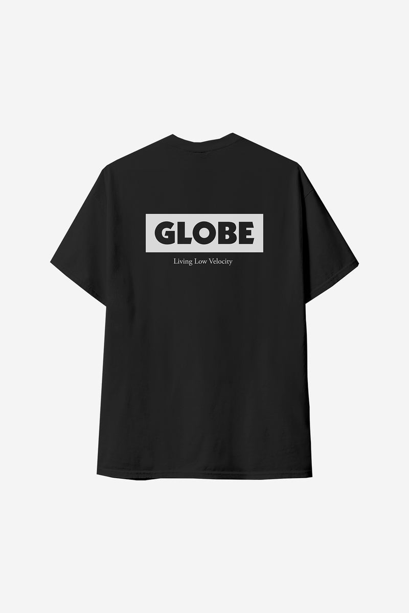 Back view of black Living Low Velocity tee featuring a gray GLOBE logo and Living Low Velocity text.