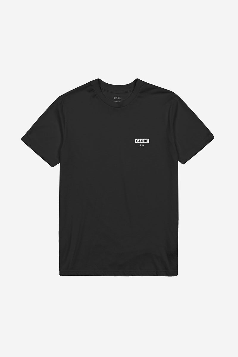 Front view of black t shirt with small white GLOBE logo on the left chest.