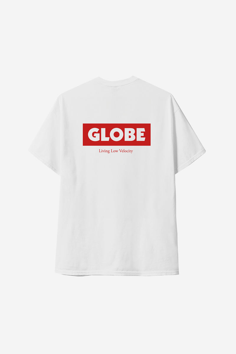 White organic cotton tee with red GLOBE logo on the chest and Living Low Velocity text beneath