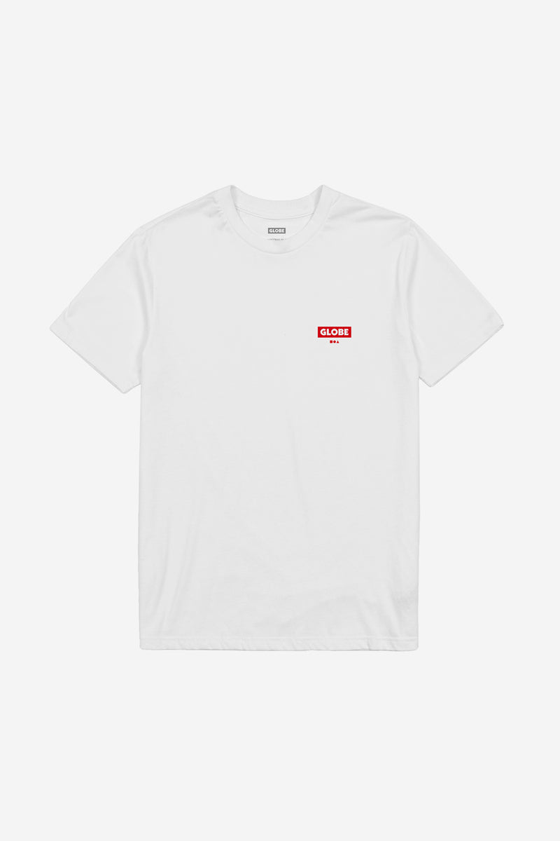 White tee with red GLOBE logo on the left chest area