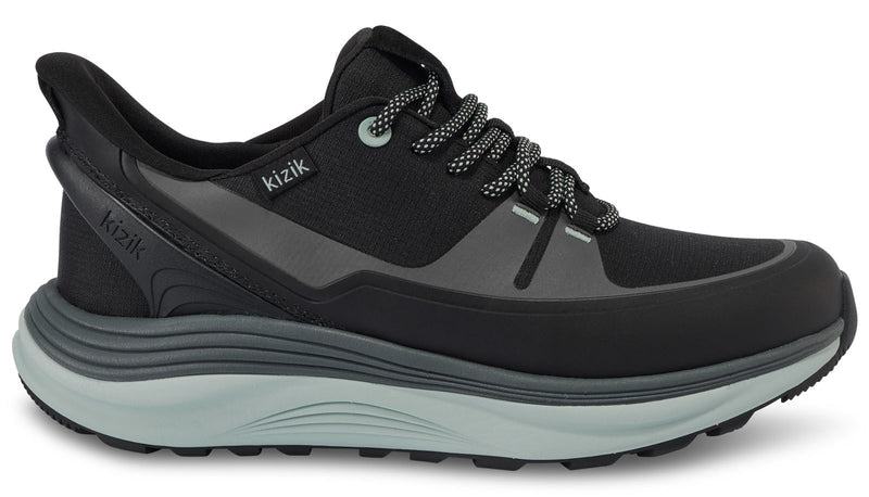 Black and gray shoe with 'kizik' branding on a white background